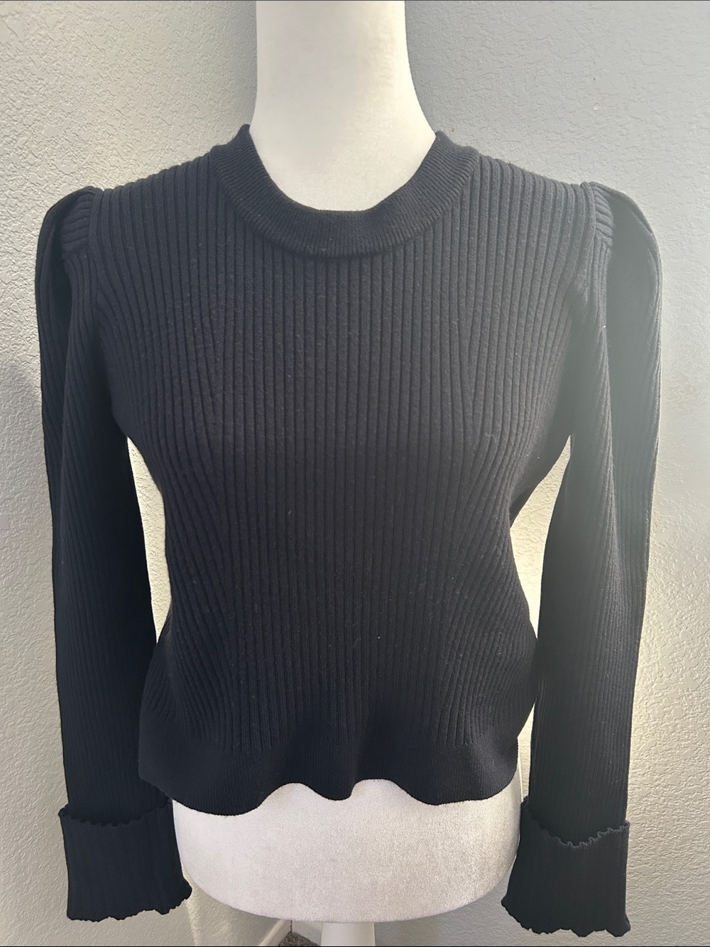 Topshop Navy Blue Ribbed Puff-Sleeve Sweater